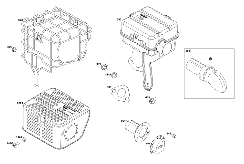 Exhaust Group Diagram and Parts List for 12V332-0145-F1 100000 - 19Z999 Briggs and Stratton Engine